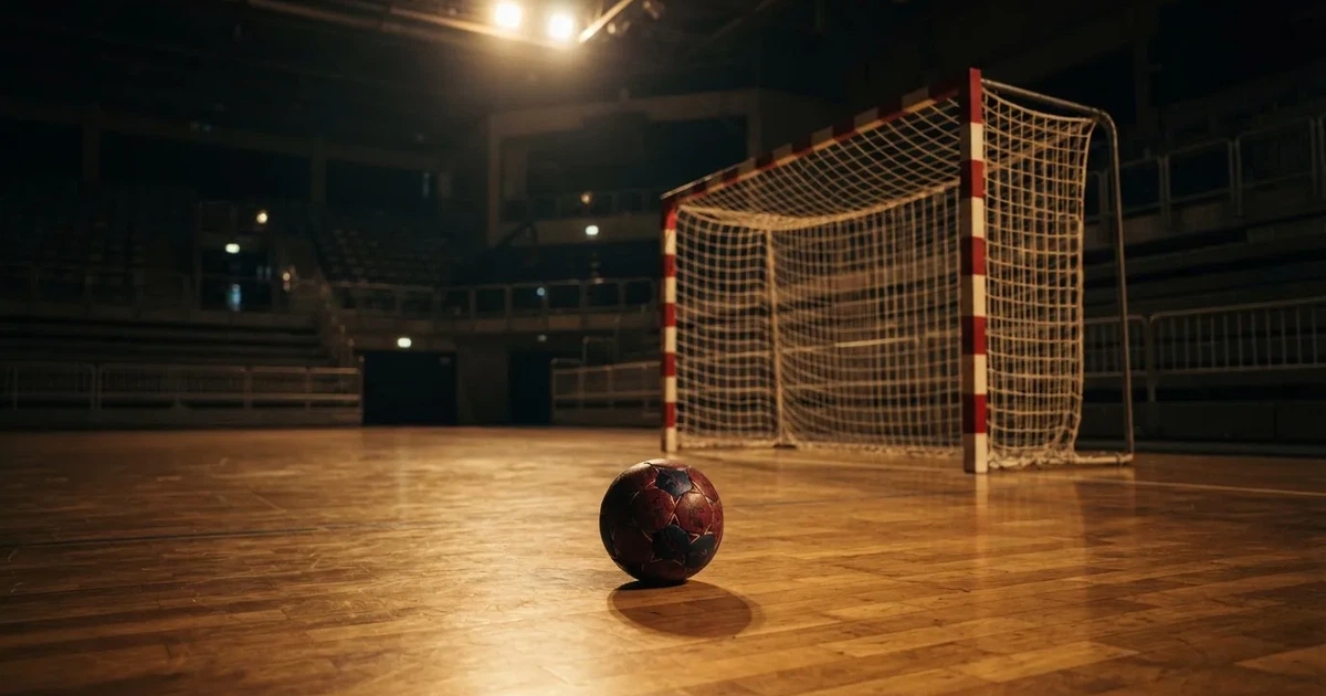 Ein Handball liegt auf dem Hallenboden vor einem Tor mit Netz, die leere Halle wird von Flutlicht beleuchtet.