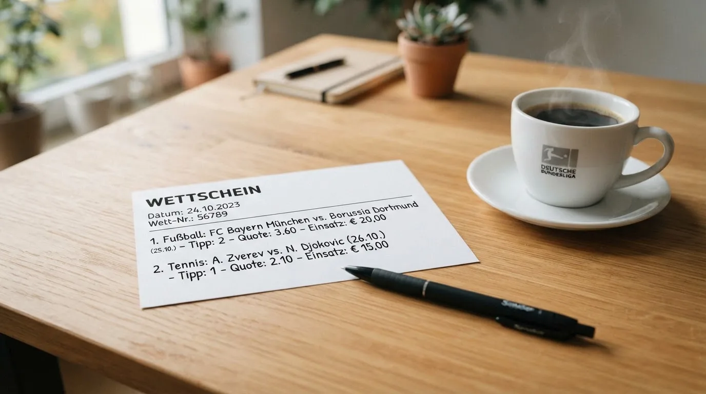 Ein leerer Wettschein aus Papier und ein Kugelschreiber liegen auf einem Schreibtisch neben einer Tasse Kaffee im Tageslicht.