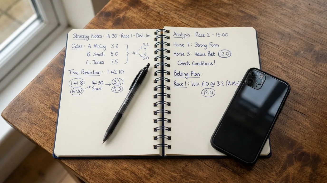 Ein Notizbuch mit handschriftlichen Notizen und ein Stift liegen auf einem Holztisch neben einem Smartphone mit dunklem Bildschirm.