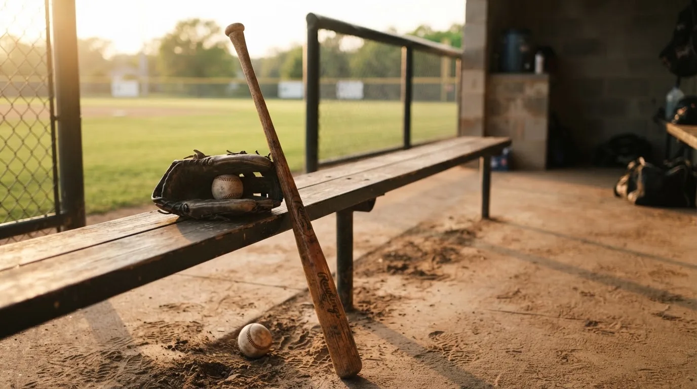 Ein Baseballschläger lehnt an einer Bank im Dugout, daneben liegen ein Handschuh und ein Ball im Licht der Nachmittagssonne.