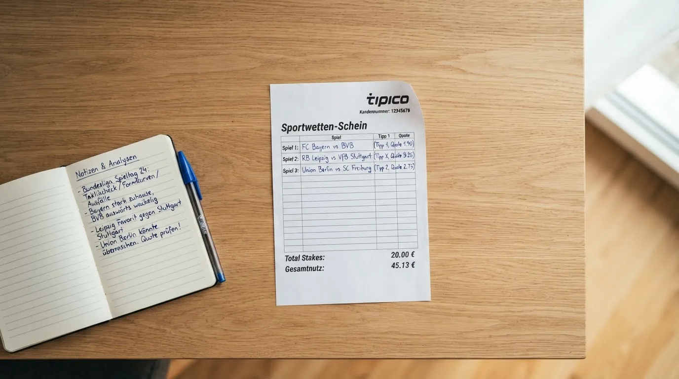 Ein leerer Wettschein aus Papier liegt neben einem Notizbuch und einem Stift auf einem aufgeräumten Schreibtisch.