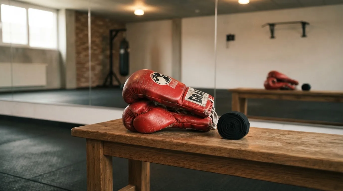 Ein Paar Kampfhandschuhe und eine Bandage liegen auf einer Holzbank in einem Trainingsraum mit Spiegelwand.