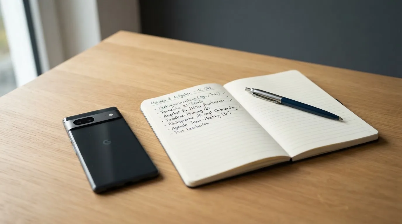 Ein Smartphone mit dunklem Display liegt neben einem Notizbuch und einem Kugelschreiber auf einem Tisch.