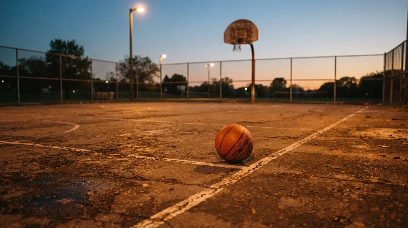 Ein Basketball rollt auf einem Freiluftplatz in der Abenddämmerung zu einem Korb, die Straßenlaternen leuchten bereits.