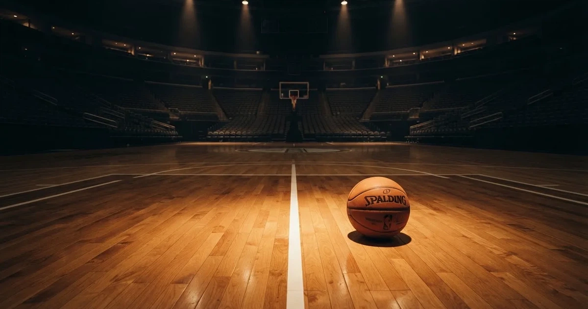 Ein Basketball liegt auf dem Parkettboden einer leeren Arena, Scheinwerfer werfen Licht auf die Mittellinie.