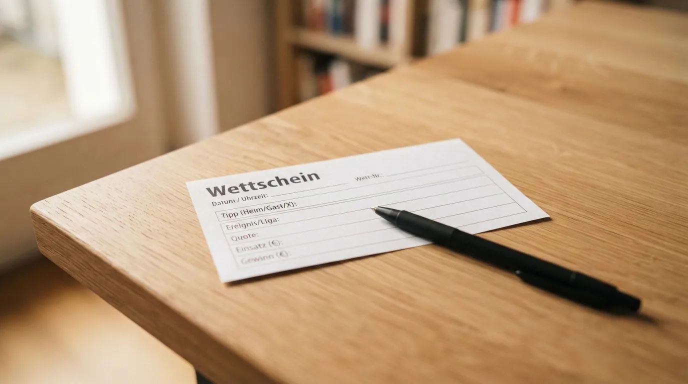 Ein leerer Wettschein aus Papier liegt neben einem Kugelschreiber auf einem Schreibtisch im Tageslicht.