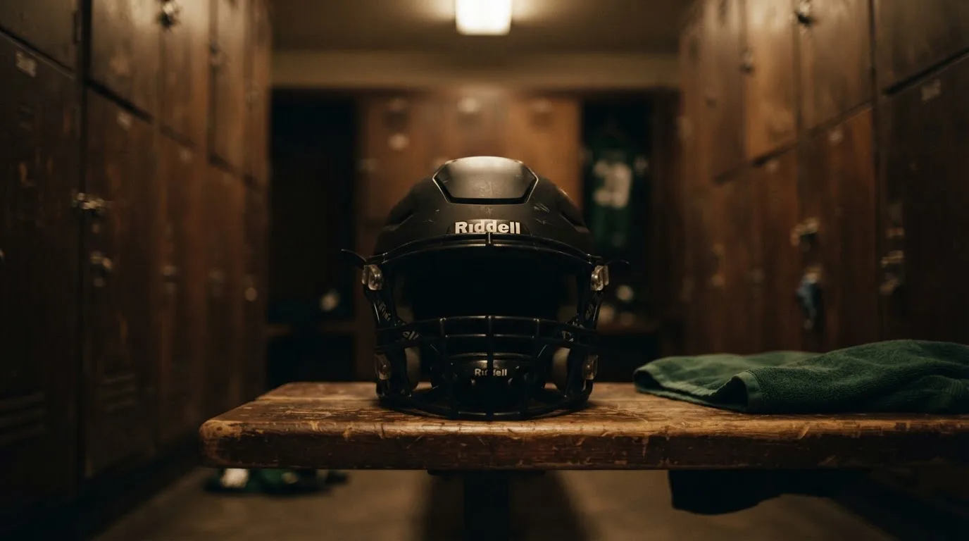Ein neutraler Footballhelm ohne Aufdruck steht auf einer Holzbank in einer Umkleidekabine.