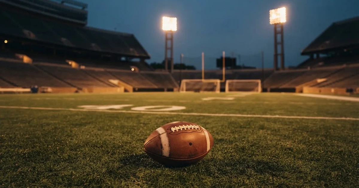 Ein American Football liegt auf dem Rasen eines leeren Stadions unter Flutlicht, die Torstangen ragen im Hintergrund auf.
