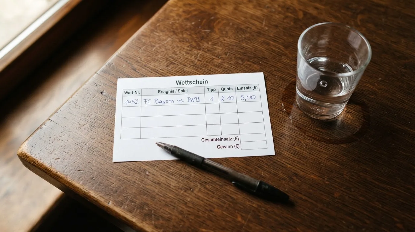 Ein leerer Wettschein aus Papier liegt neben einem Stift auf einem Tisch, daneben ein Glas Wasser.