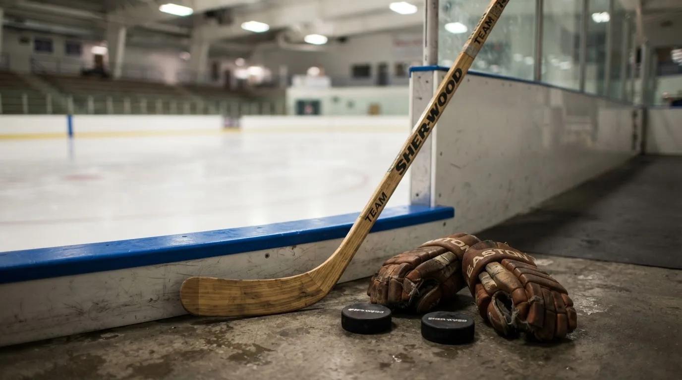 Ein Eishockeyschläger lehnt an einer Bande, daneben liegen ein Puck und ein Paar Handschuhe in einer Eishalle.