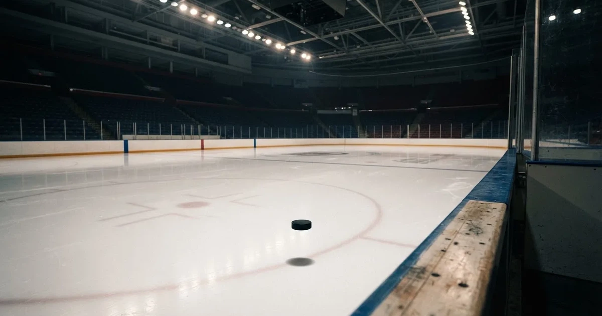 Eine leere Eisfläche in einer Halle mit Banden und Flutlicht, auf dem Eis liegt ein einzelner Puck.