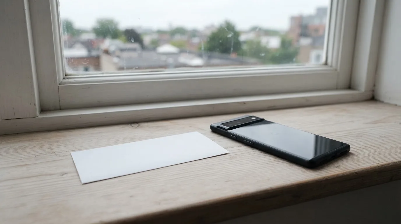 Ein leerer Wettschein aus Papier und ein Smartphone mit dunklem Display liegen auf einer Fensterbank im Tageslicht.