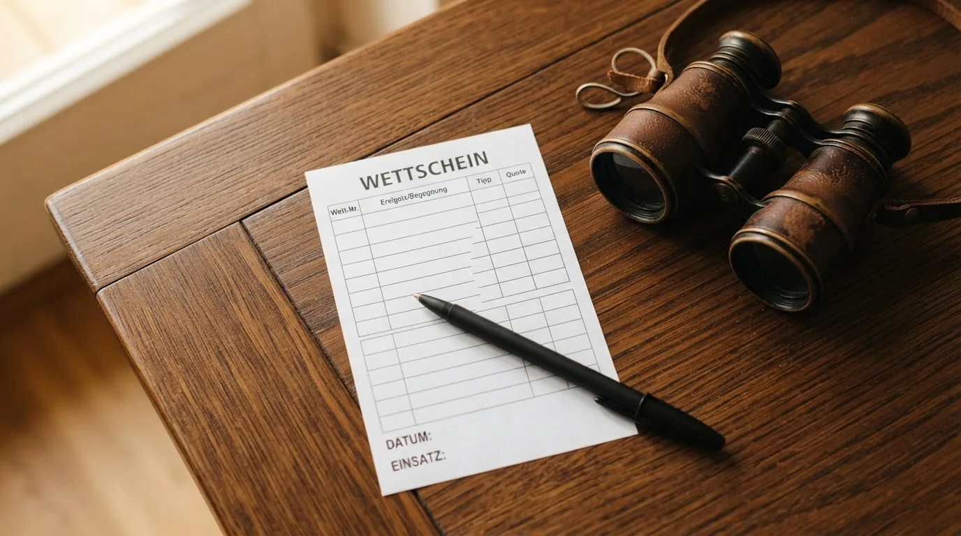 Ein leerer Wettschein aus Papier und ein Kugelschreiber liegen auf einem Holztisch neben einem Fernglas.