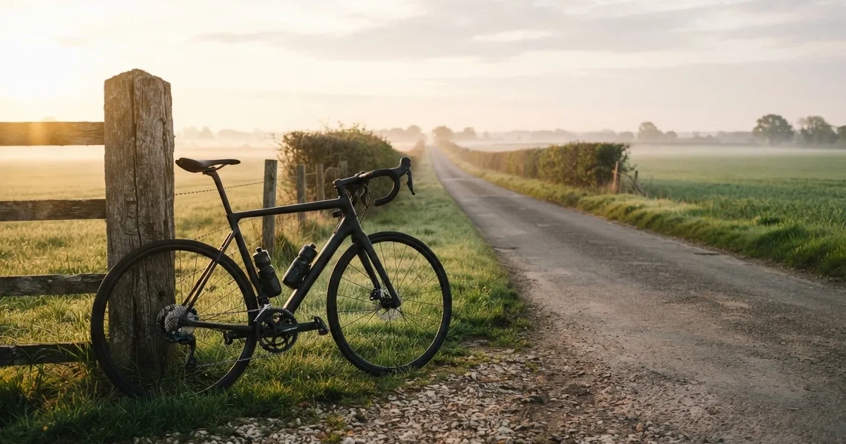 Eine Landstraße zwischen Feldern im Morgenlicht, am Straßenrand lehnt ein Rennrad ohne Aufschrift an einem Pfosten.