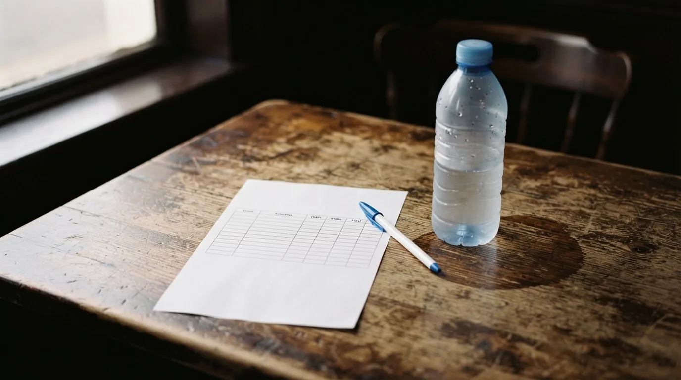 Ein leerer Wettschein aus Papier liegt neben einer Trinkflasche und einem Stift auf einem Tisch.