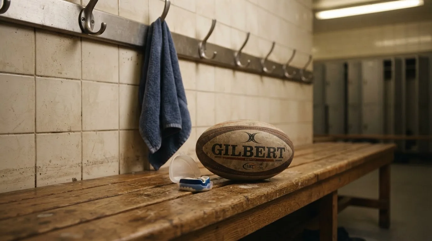 Ein Rugbyball und ein Mundschutz liegen auf einer Holzbank neben einer Reihe Kleiderhaken in einer Umkleide.