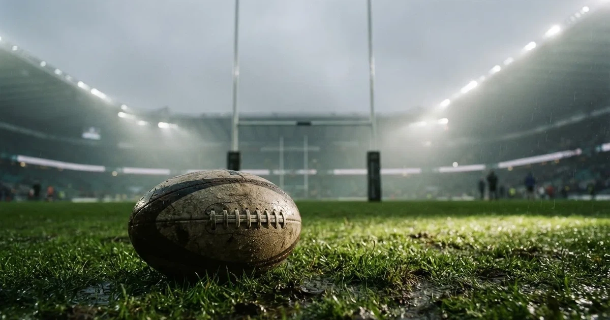 Ein ovaler Rugbyball liegt vor den hohen Torstangen auf nassem Rasen, über dem Stadion zieht Nebel auf.
