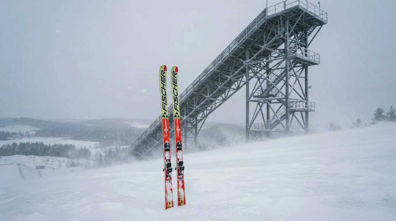 Ein Paar Skier steckt aufrecht im Schnee neben einem Anlaufturm, im Hintergrund wirbelt feiner Schnee im Wind.