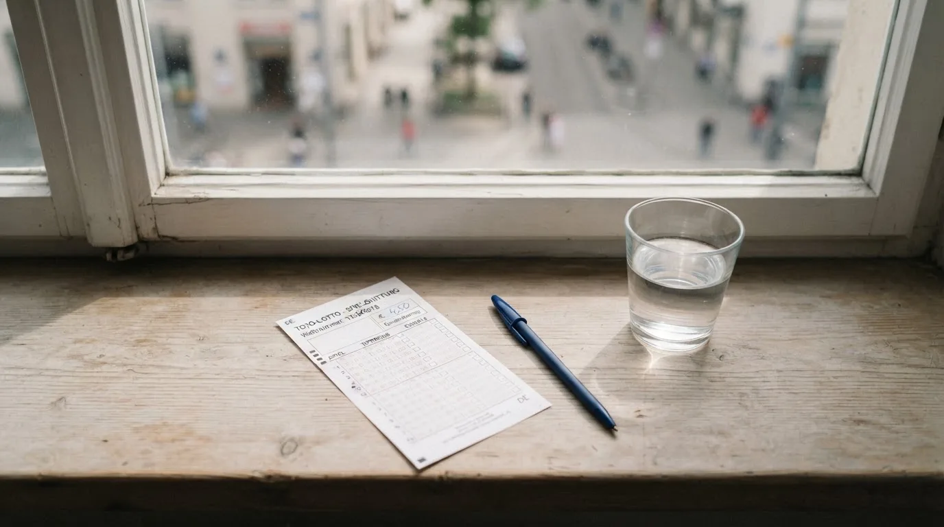 Ein leerer Wettschein aus Papier und ein Kugelschreiber liegen neben einem Glas Wasser auf einer Fensterbank.