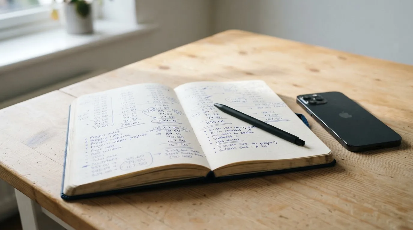 Ein aufgeschlagenes Notizbuch mit handschriftlichen Rechnungen liegt neben Stift und Smartphone auf einem Holztisch im Tageslicht.