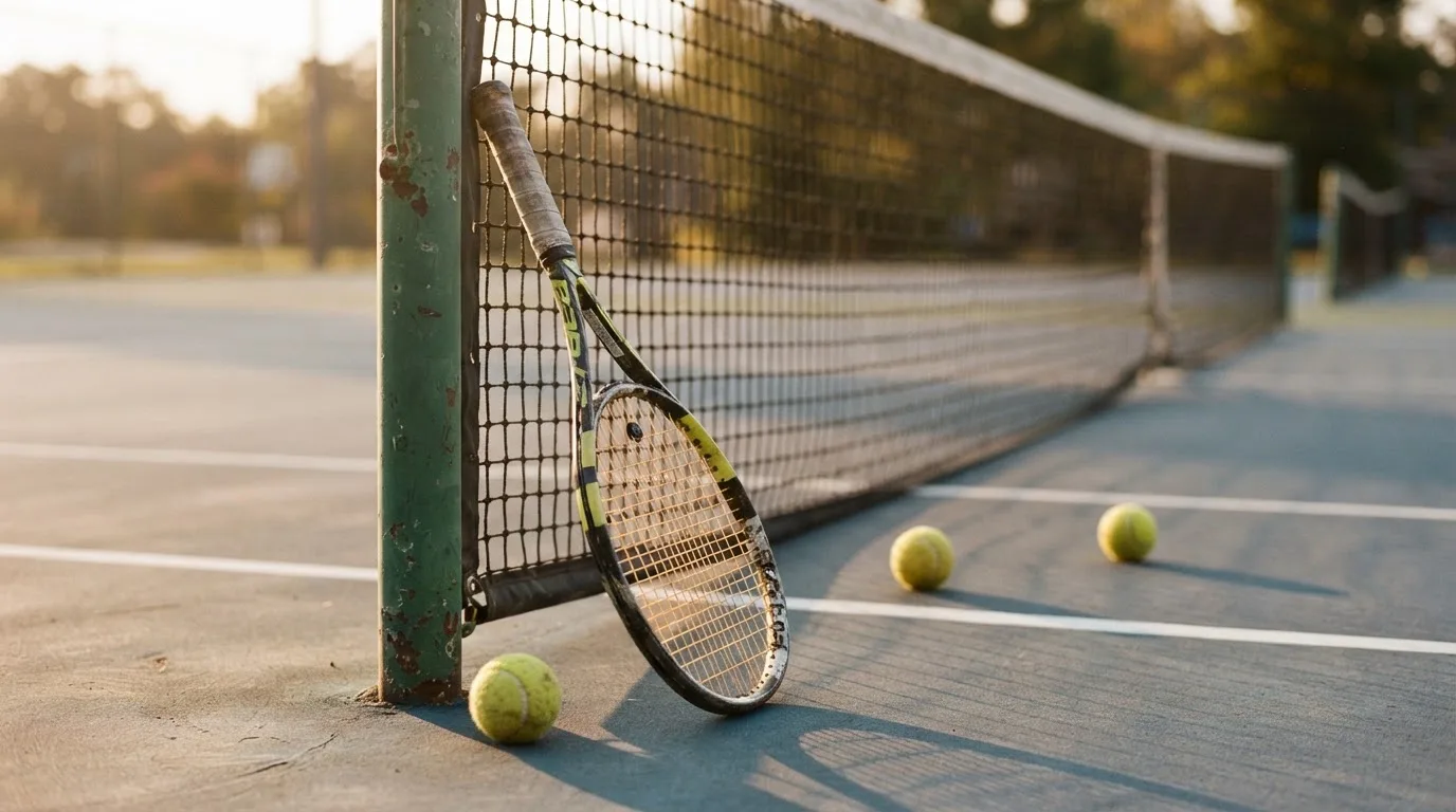 Ein Tennisschläger lehnt an einem Netzpfosten, daneben liegen drei Bälle auf einem Hartplatz in warmem Nachmittagslicht.