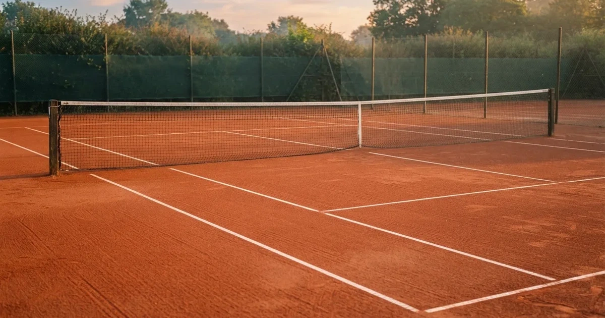 Ein Sandplatz am frühen Morgen mit frisch gezogenen Linien, einem Netz in der Mitte und einem gelben Ball auf der Grundlinie.