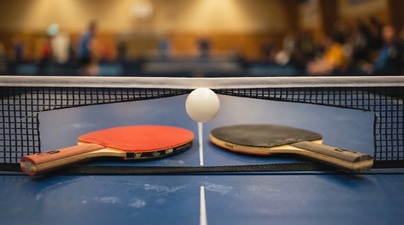 Ein weißer Ball liegt in Nahaufnahme auf der Netzkante einer Tischtennisplatte, daneben zwei Holzschläger mit rotem und schwarzem Belag.