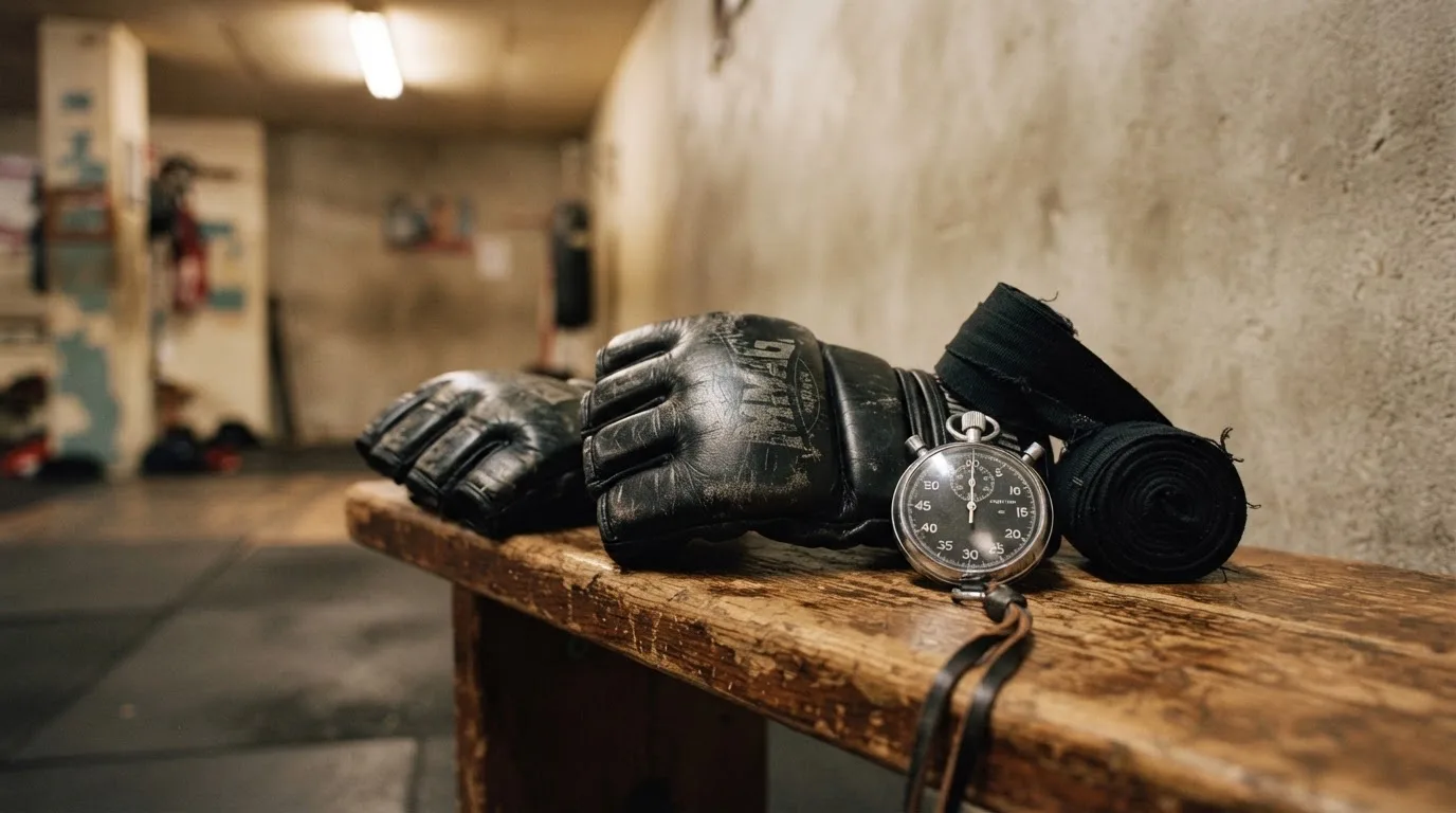 Ein Paar Kampfhandschuhe und eine Stoppuhr liegen auf einer Bank im Trainingsraum neben einer aufgerollten Handbandage.