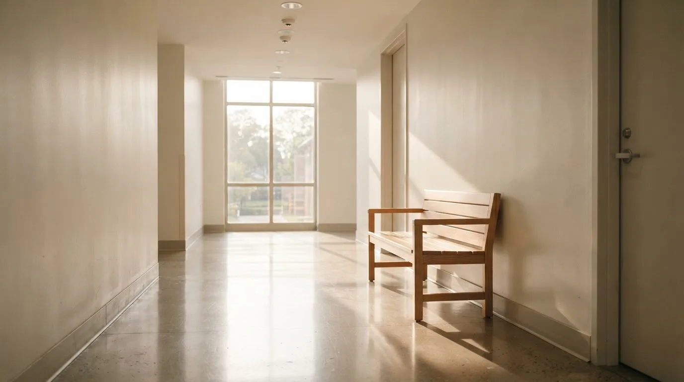 Ein heller Flur in einem Verwaltungsgebäude mit einer leeren Holzbank und einem Fenster, durch das Morgenlicht fällt.