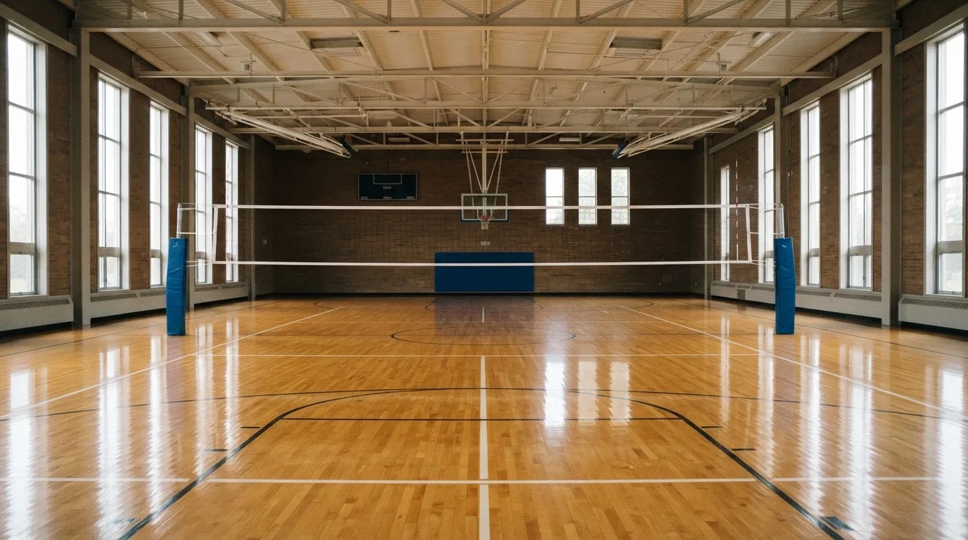 Eine leere Sporthalle mit gespanntem Volleyballnetz und glänzendem Parkett, durch hohe Fenster fällt Tageslicht.