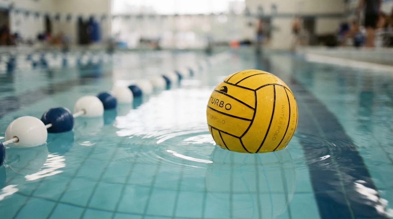 Ein gelber Wasserball treibt in Nahaufnahme auf der Wasseroberfläche neben einer Leine mit Bojen.
