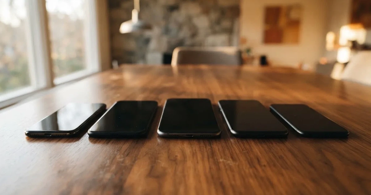 Mehrere Smartphones unterschiedlicher Größe liegen nebeneinander auf einem Holztisch, die Bildschirme sind dunkel.