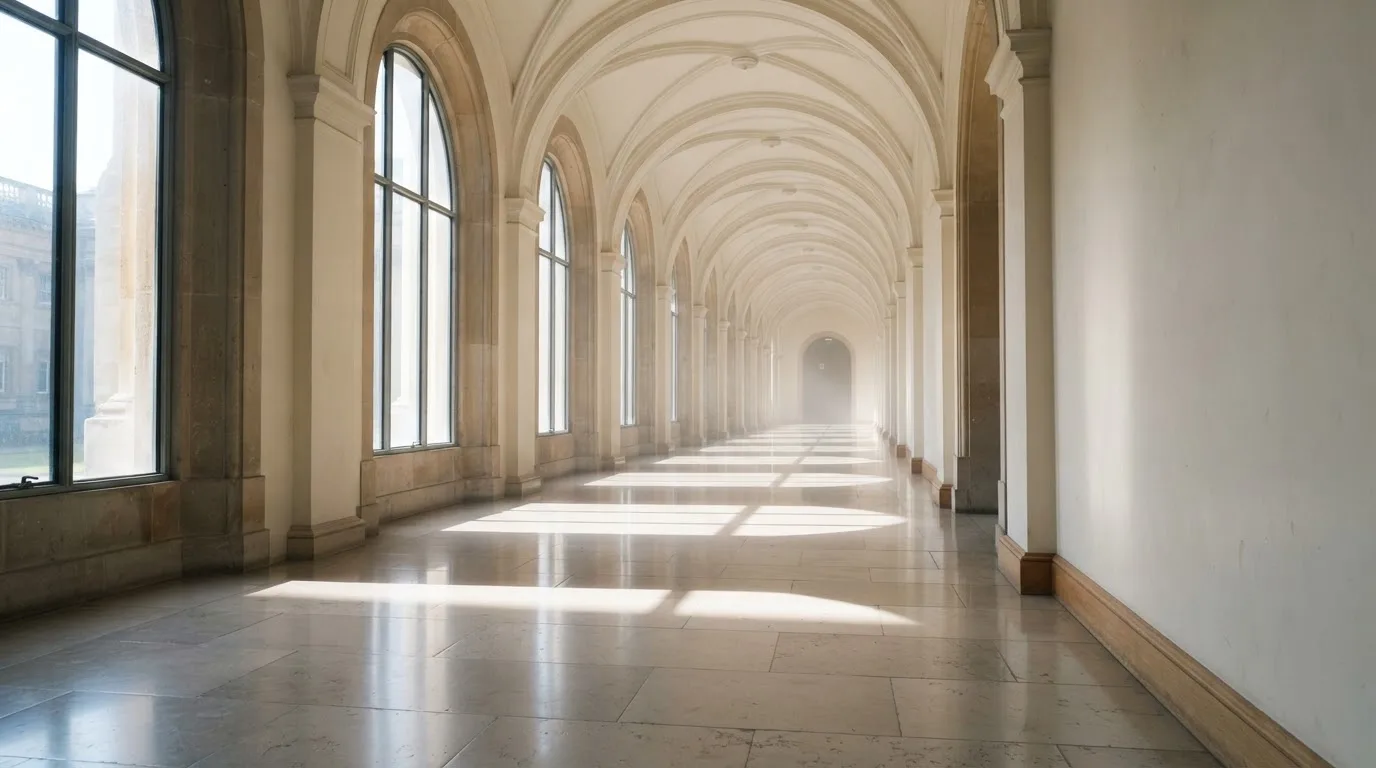Ein leerer Amtsflur mit hohen Fenstern und glänzendem Steinboden, durch die Fenster fällt das Licht eines Vormittags.