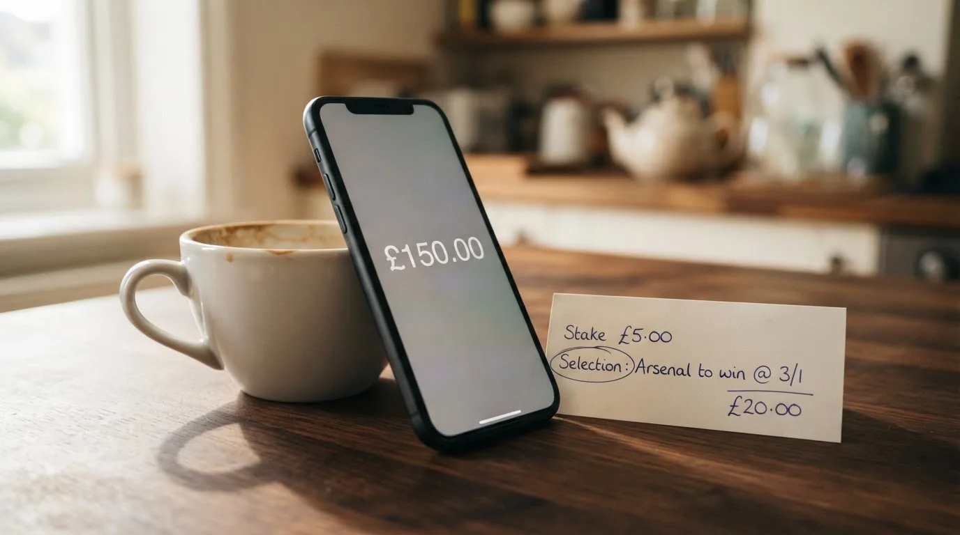 Ein Smartphone mit dunklem Bildschirm lehnt an einer Kaffeetasse auf einem Holztisch, daneben ein blanker Papier-Wettschein.