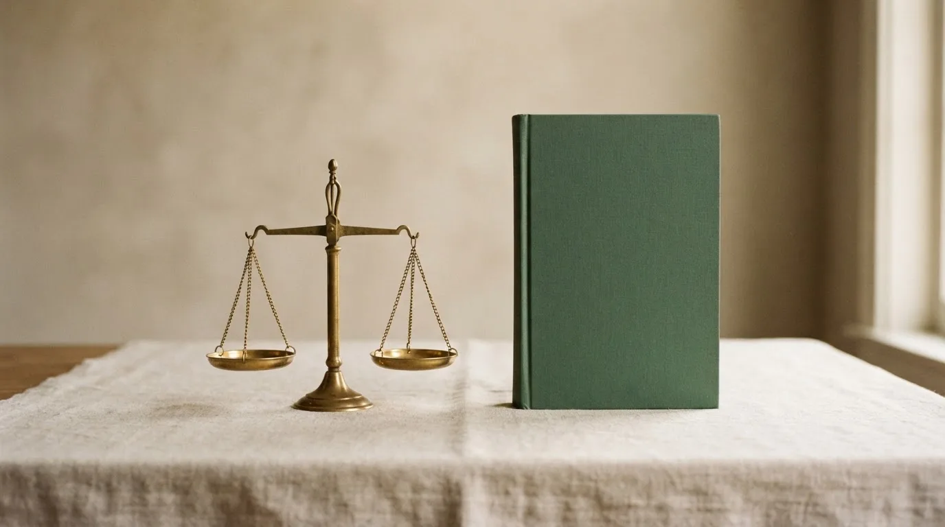 Eine Messingwaage und ein geschlossenes Buch stehen auf einem hellen Tisch vor einer ruhigen, unscharfen Wand.