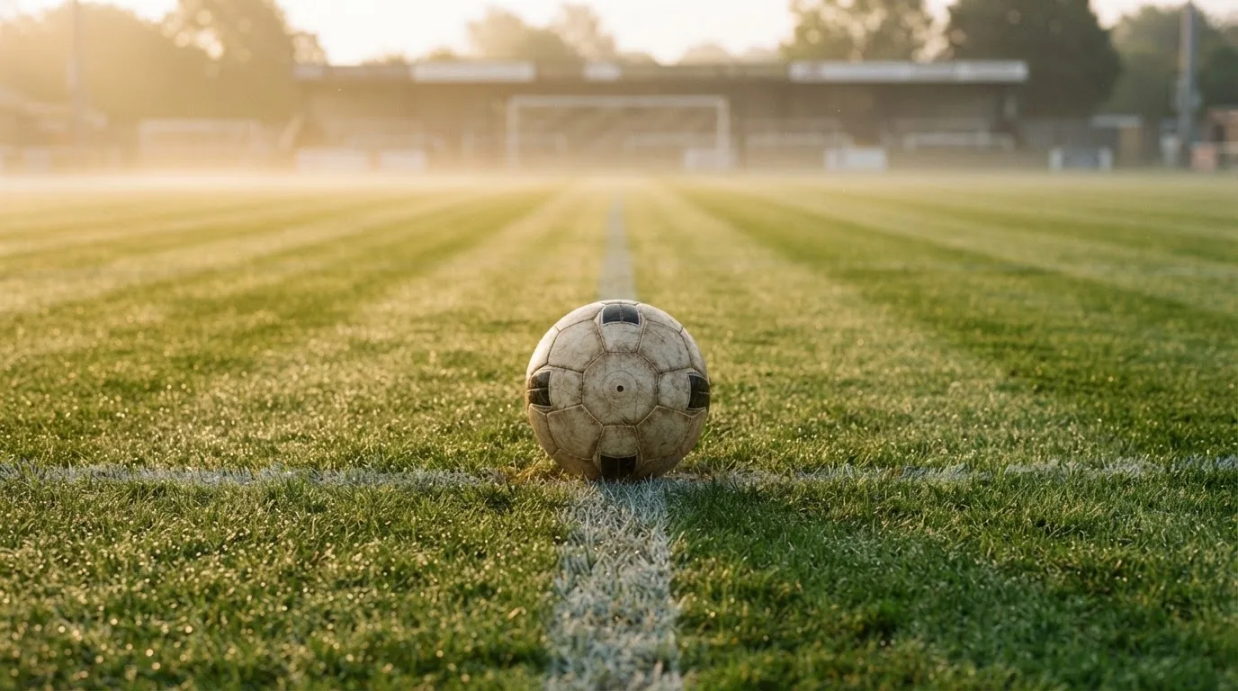 Ein Fußball liegt auf dem Anstoßpunkt eines Rasenplatzes im ersten Morgenlicht, Tau glänzt auf dem Gras.