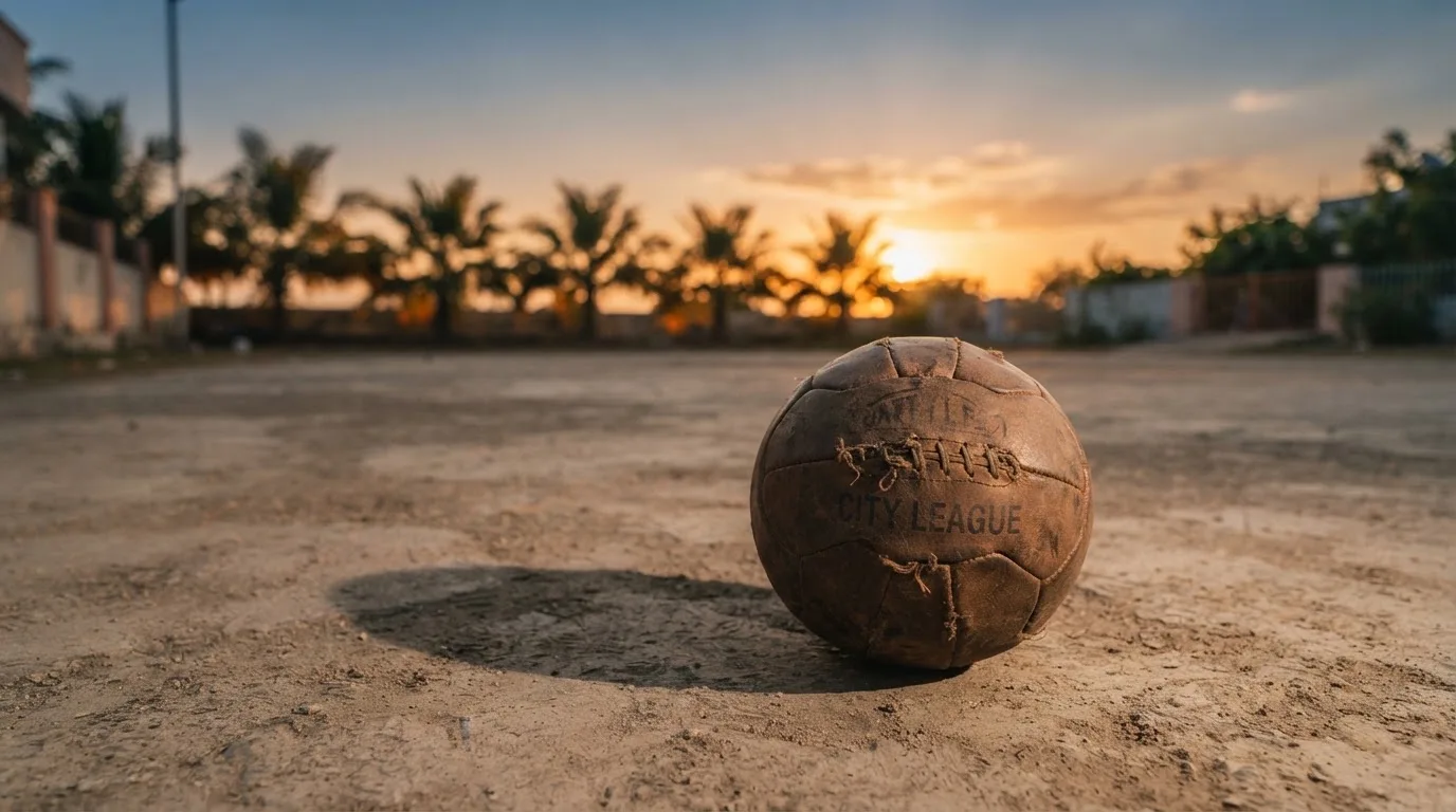 Ein Fußball liegt auf einem staubigen Bolzplatz mit Palmen im Hintergrund in warmem Abendlicht.
