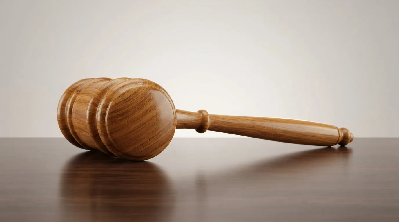 Ein Richterhammer aus Holz liegt auf einer polierten Tischplatte, dahinter verschwimmt ein heller Raum.