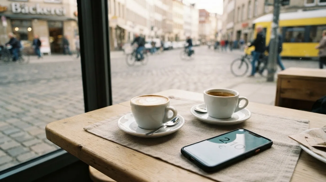 Zwei Kaffeetassen und ein dunkles Smartphone stehen auf einem Café-Tisch am Fenster im Morgenlicht.