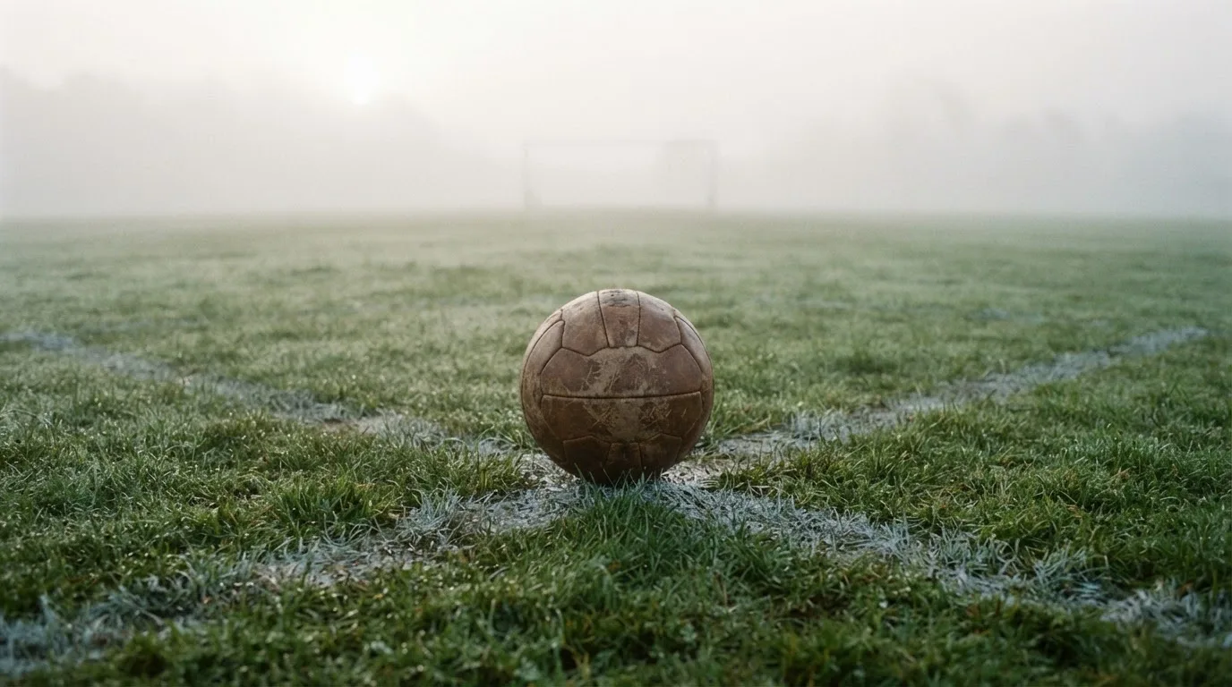 Ein abgewetzter Fußball liegt auf dem Anstoßkreis eines Naturrasens im Morgennebel.