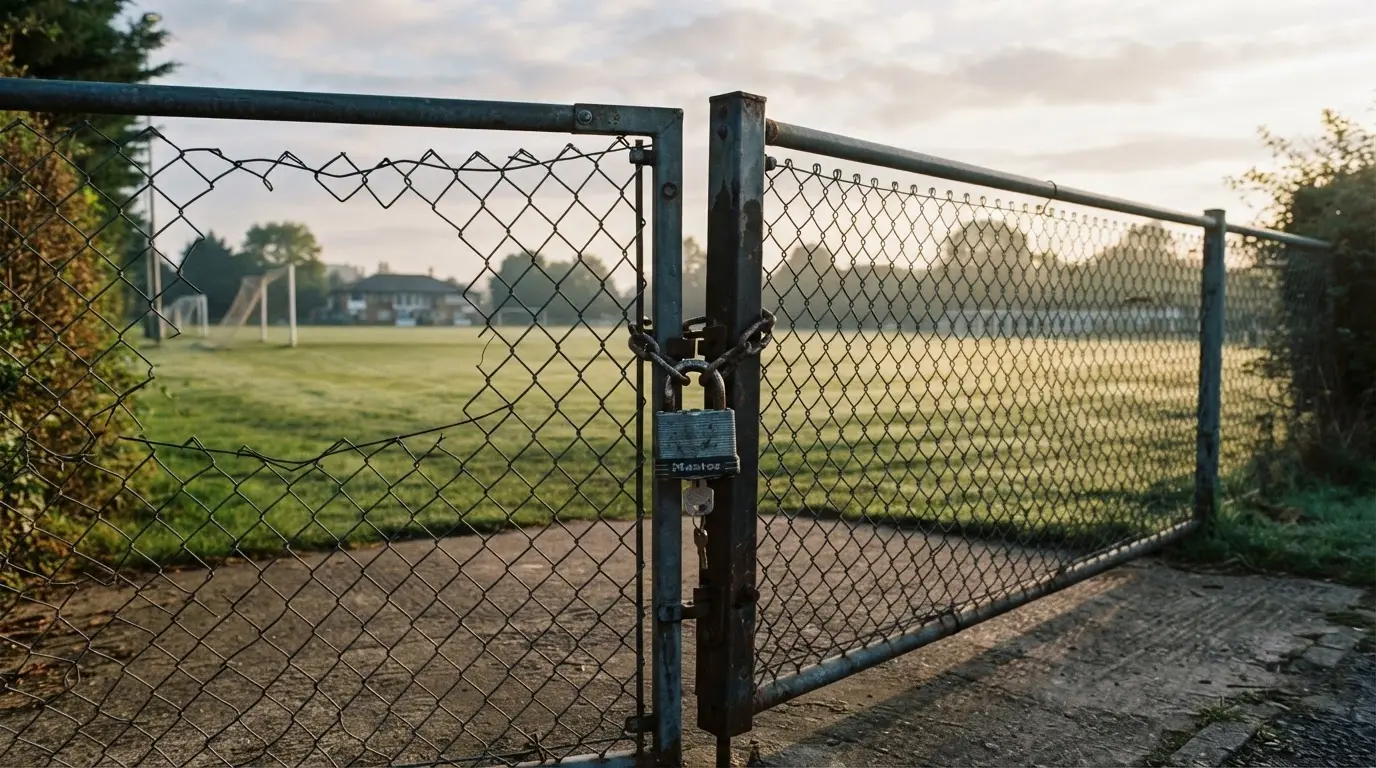 Ein geschlossenes Tor an einem Zaun mit Vorhängeschloss im Morgenlicht, dahinter ein einfacher Sportplatz.