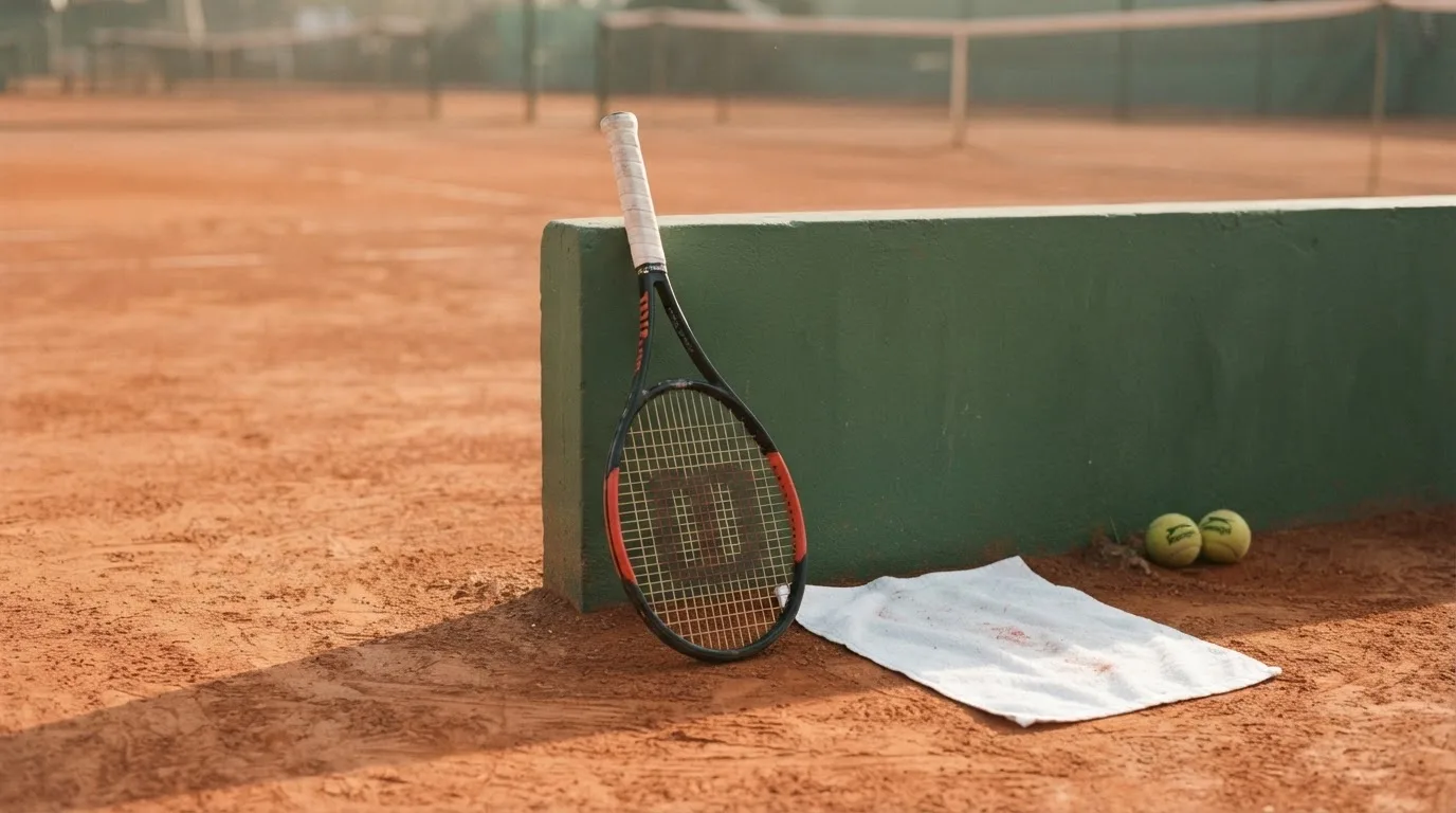 Ein Tennisschläger lehnt an einer dunkelgrünen Bande ohne Aufschrift auf einem Sandplatz, daneben liegt ein Handtuch.