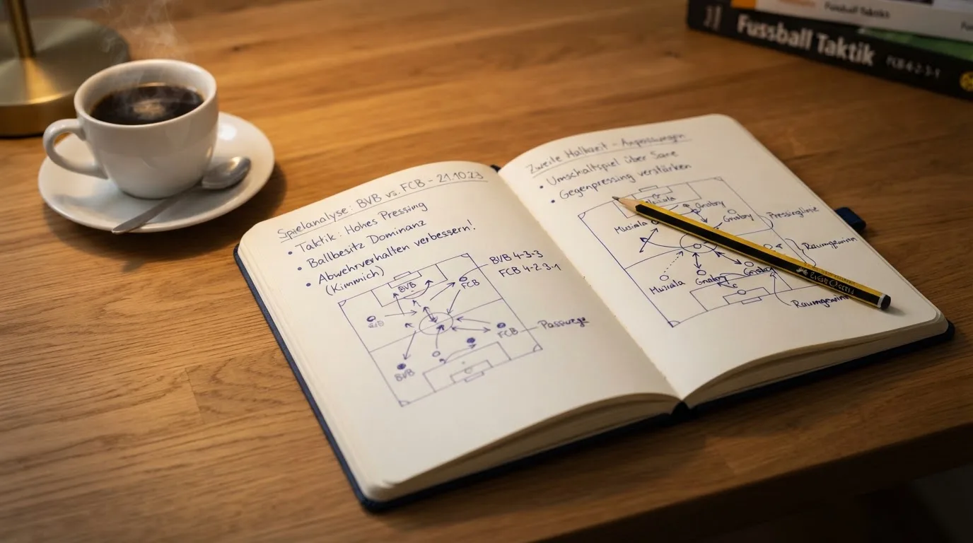 Ein aufgeschlagenes Notizbuch mit handschriftlichen Skizzen liegt neben einem Bleistift auf einem Holztisch, daneben eine Tasse Kaffee.
