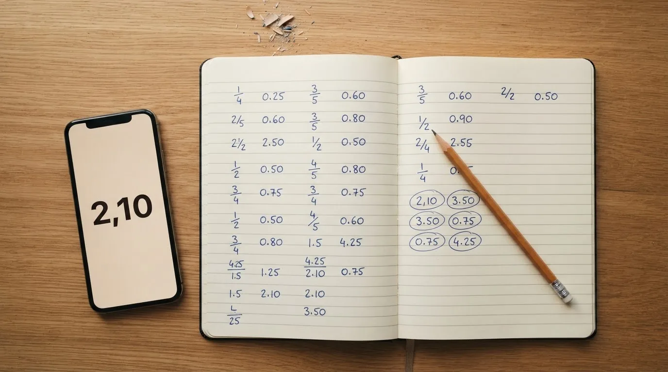 Ein Taschenrechner und ein Bleistift liegen auf einem Schreibtisch neben einem aufgeschlagenen Notizbuch mit handschriftlichen Zahlenreihen.
