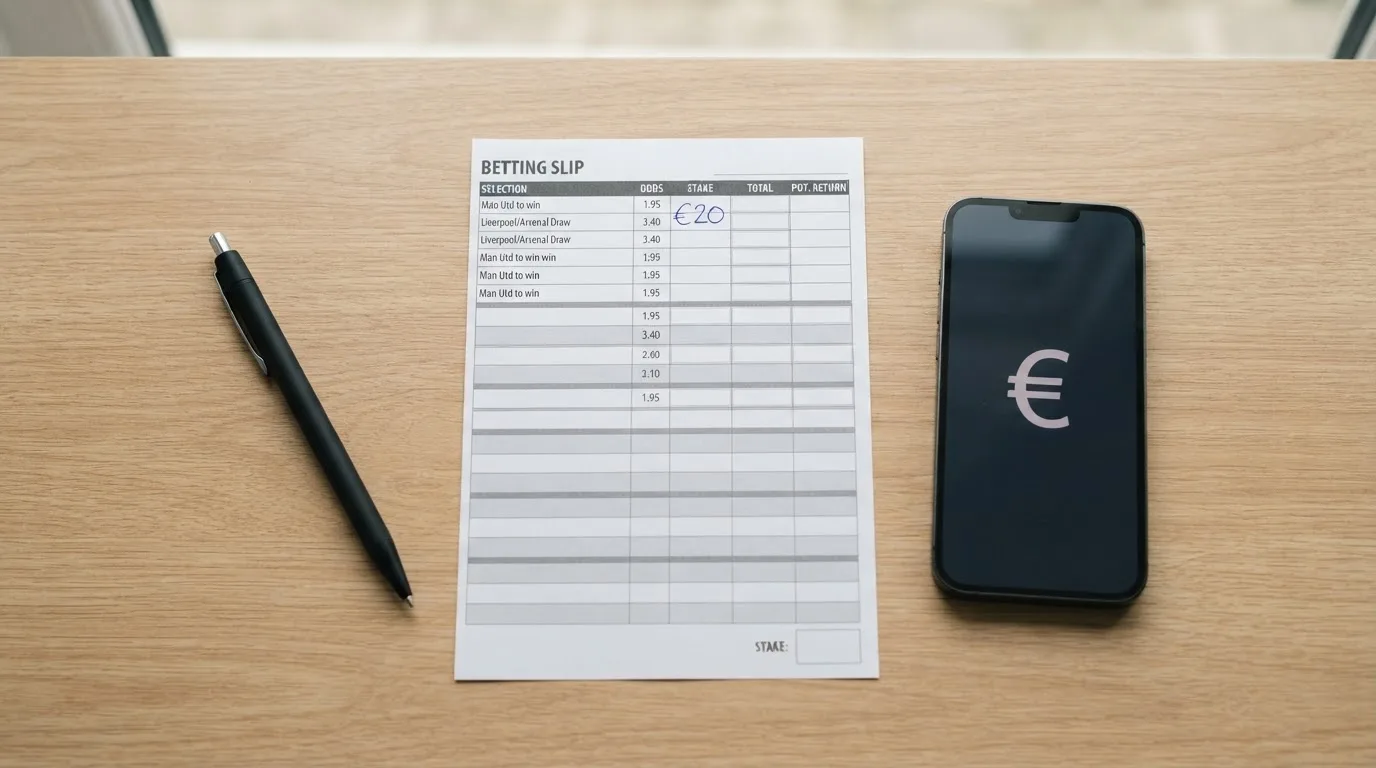 Ein leerer Papier-Wettschein liegt neben einem Smartphone mit dunklem Display auf einer hellen Tischplatte, daneben ein Kugelschreiber.