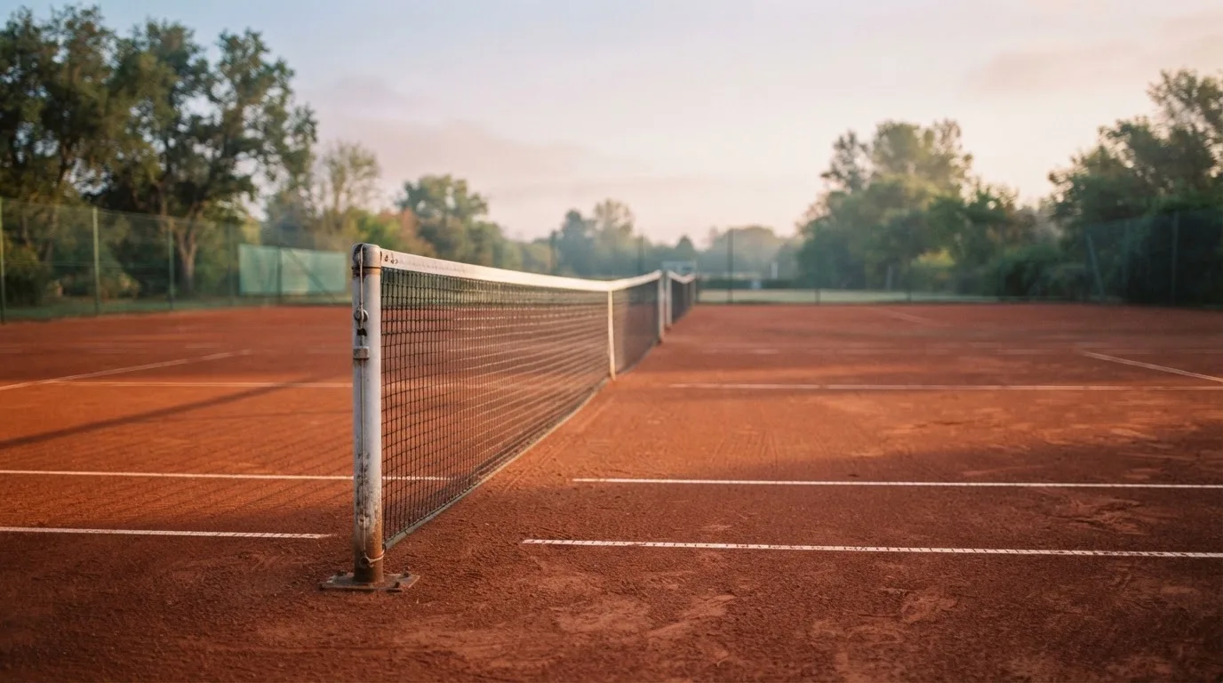 Ein Tennisplatz bei Sonnenaufgang, Netz und Grundlinien im weichen Licht, niemand ist zu sehen.