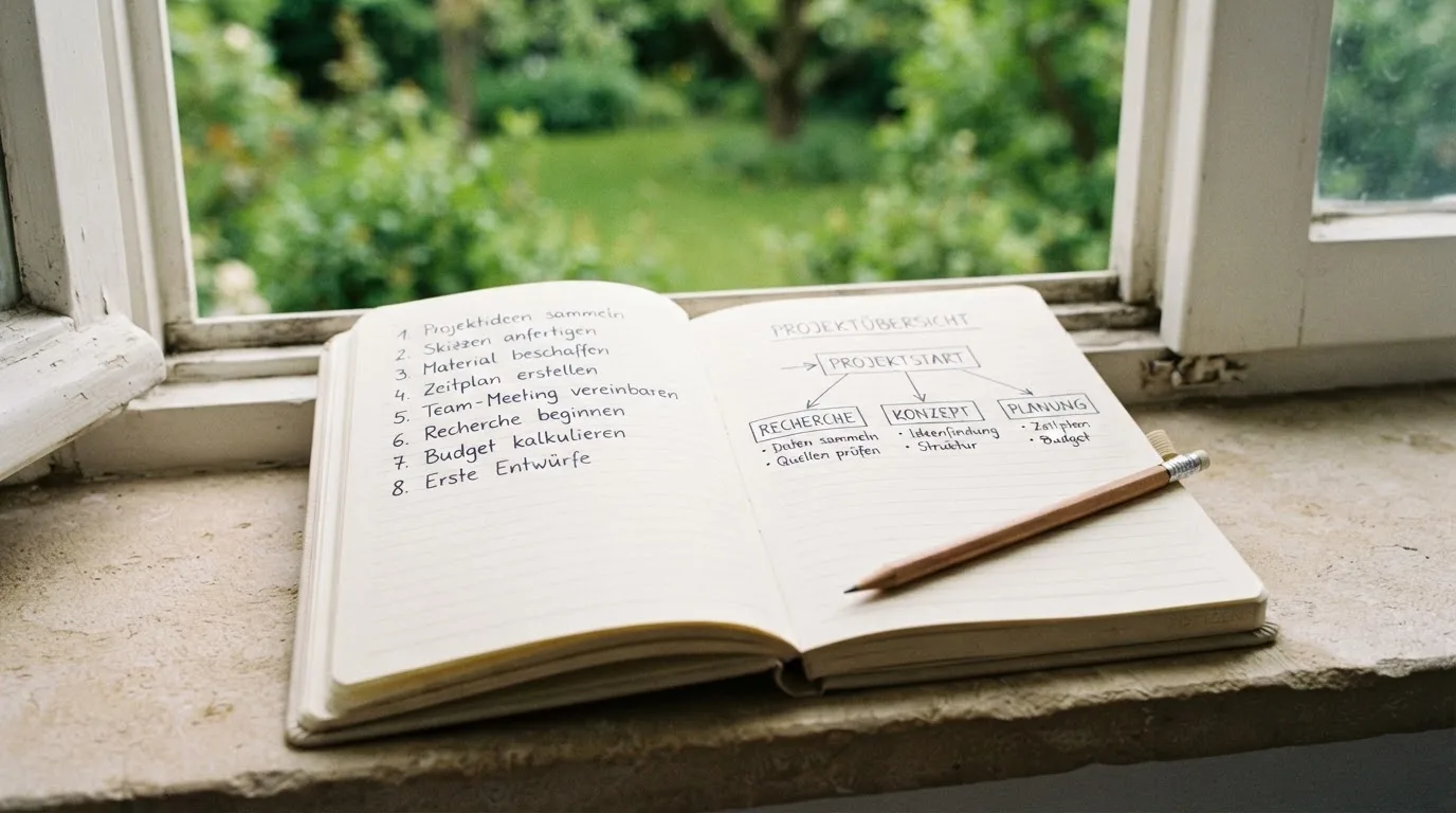 Ein aufgeschlagenes Notizbuch mit handschriftlichen Skizzen und ein Bleistift liegen auf einer Fensterbank im Tageslicht.