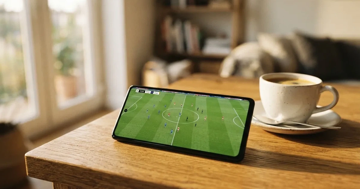 Ein Smartphone mit dunklem Display liegt auf einem Holztisch neben einer Tasse Kaffee, im Hintergrund ein unscharfes Fenster.
