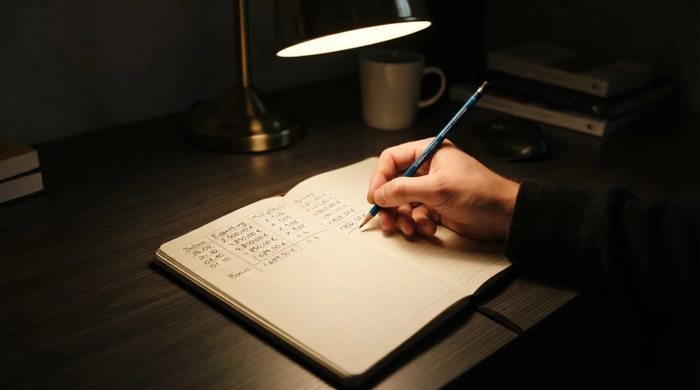 Ein Taschenrechner und ein Notizbuch mit handschriftlichen Zahlenreihen liegen auf einem Schreibtisch unter einer Lampe.