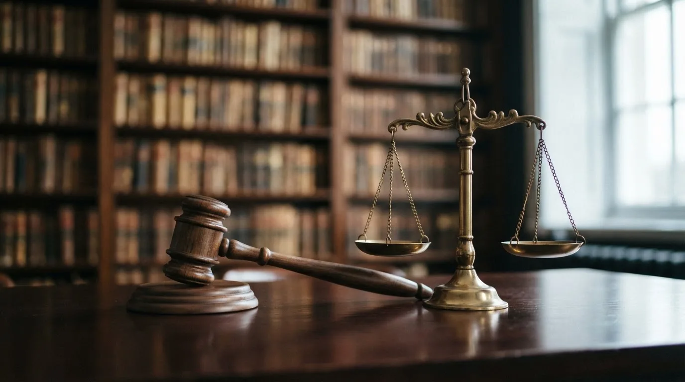 Ein Richterhammer aus Holz liegt auf einer polierten Tischplatte neben einer Messingwaage, im Hintergrund ein verschwommenes Bücherregal.